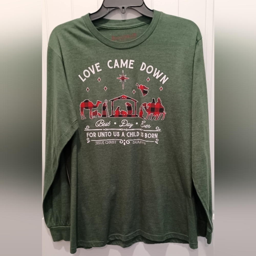 Green 'Love Came Down' Long Sleeve Shirt Sz M #0399